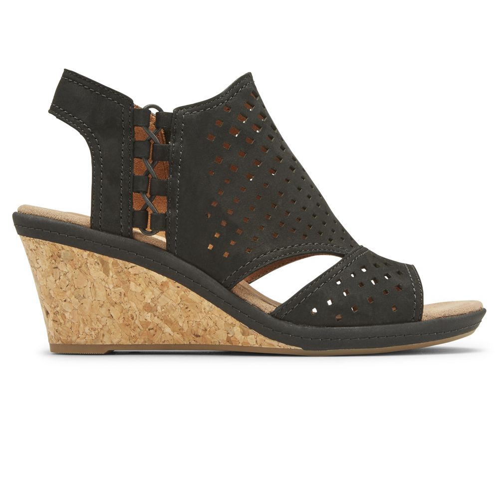 Rockport Women's Cobb Hill Janna 2 Wedges Sandals - Black - USA (9312AZPWL)